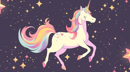 Majestic unicorn flat design, top view, unicorn theme, cartoon drawing, Analogous Color Scheme