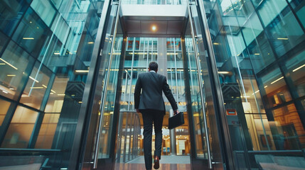Businessman with his briefcase goes to work in a modern building