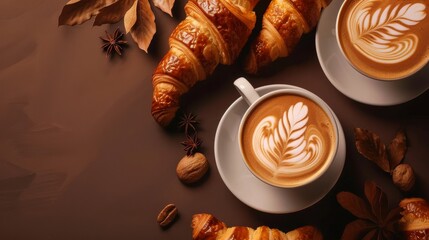 An image capturing latte coffee art from a top-down perspective, featuring a couple of latte mugs accompanied by croissants