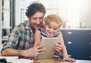 Home, father and girl with tablet, smile and happiness with connection, internet and social media....
