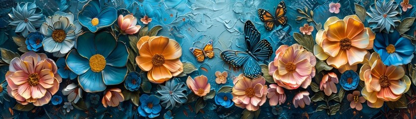 The image is a beautiful painting of flowers in a blue background. The flowers are mostly pink, orange and blue. The painting has a very calming and serene feel to it.
