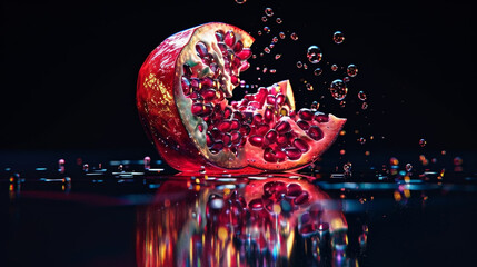 Beautiful pomegranate fallen on a wet table