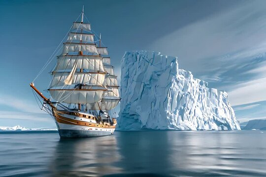Arctic Adventure,: Two-Masted Sailing Ship Navigating Near Towering Blue Iceberg Arch in Greenland's Icy Waters