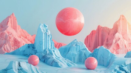 The image is a surreal landscape with pink and blue mountains and a large pink sphere floating in the sky. The ground is covered in snow.