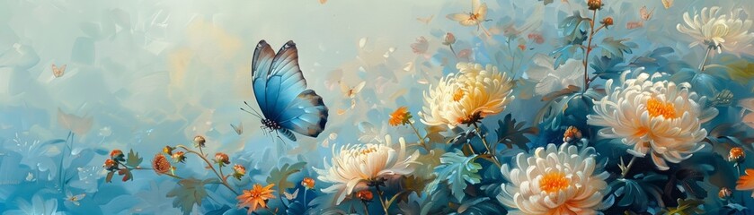 The image is a watercolor painting of a blue butterfly in a field of yellow and white flowers