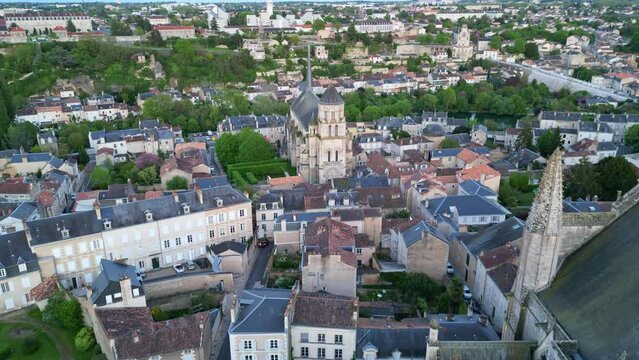 Church of Sainte-Radegonde, Poitiers in France. Aerial forward and cityscape