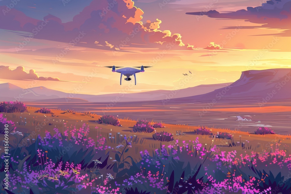 Poster green crops in vineyard fields receive precise pesticide application from drones, navigating difficu