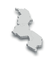 3d Malawi white map with regions isolated
