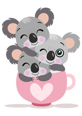 Set of three cute koalas in tea cup