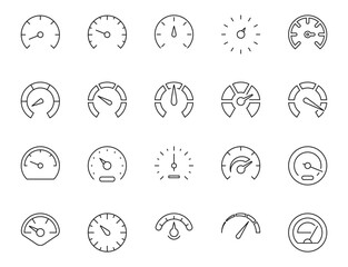 Speedometer icon set. Speed indicator sign. Performance control panel symbol. Gauge or dashboard level isolated illustration.