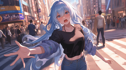 An illustration of an anime girl with sky blue hair in casual clothes