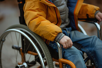 Obraz premium Generated by AI illustration of disabled man woman person using wheelchair on city nature park outdoors disability insurance