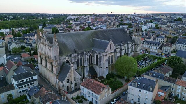 Cathedral of Saint Peter or Pierre in Poitiers city, France. Aerial drone view