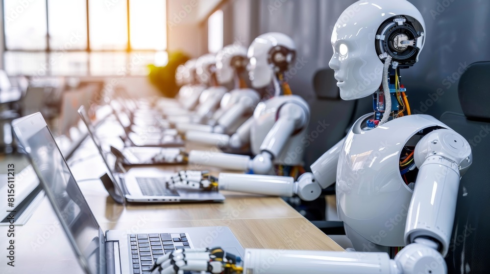 Poster ai enhanced workspace with robotic support for advanced operations in a futuristic setting