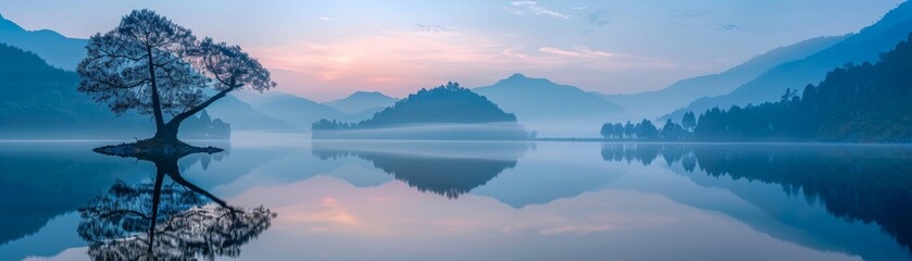 Fototapeta premium The image shows a beautiful sunset over a lake