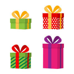 Gift box set of four colorful vector illustration. Gift box with ribbon in green, red and pink color flat style. New year or Christmas present, gift box. Vector Gift.