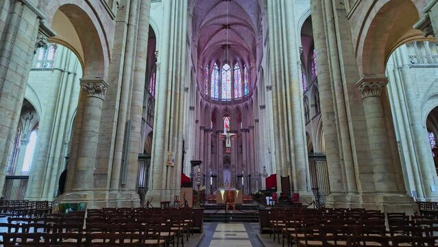 Romanesque nave of Saint Julian Gothic cathedral at Le Mans in France. First-person walking