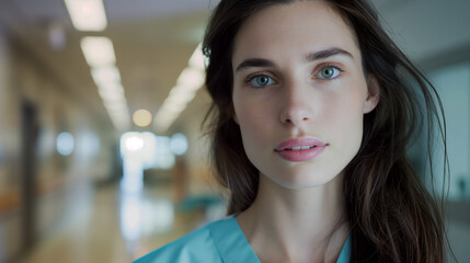 Fototapeta na wymiar Young Female Medical Professional with Long Hair in a Hospital Corridor. Generative AI 