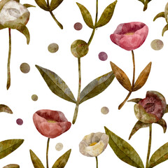 Delicate decorative peonies pink and cream color with green foliage, hand drawn digital art seamless pattern