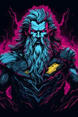 Powerful Rendition of the Greek God Zeus in Vivid Neon Streetwear Attire