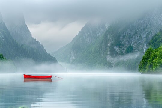 Solitary angler  red fishing rod in misty lake at dawn, surrounded by green hills