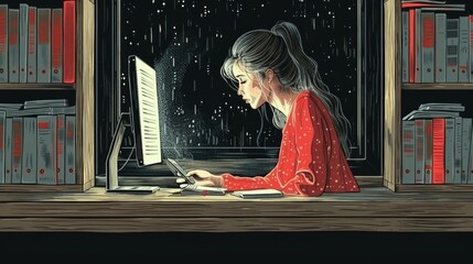 Illustration of a focused businesswoman working late on a computer in an office with bookshelves and a window showing the night sky.