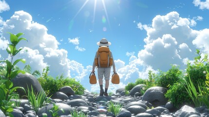 Animated man with a backpack and guitar cases walks on a stony path amidst lush greenery under a bright sunny sky with fluffy clouds.