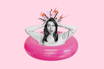 Composite photo collage of shocked girl hold head sit inside pink inflatable lifebuoy summer...