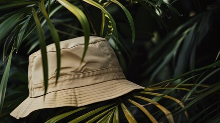 Close-Up of Beige Bucket Hat with Palm Fronds in Background