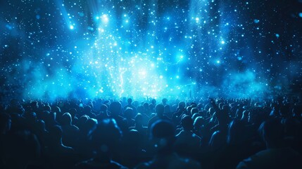 Shimmering blue digital particles, focus on the light effects, bright and futuristic ambiance, double exposure silhouette with a concert crowd