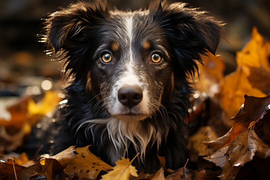 A captivating portrait of a Border Collie with expressive eyes, nestled among colorful autumn leaves.