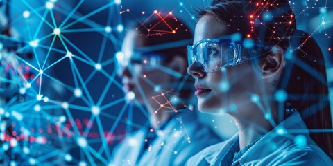 Researchers using hightech equipment in a laboratory, focus on innovation in health, space for informative text, double exposure silhouette with a network grid