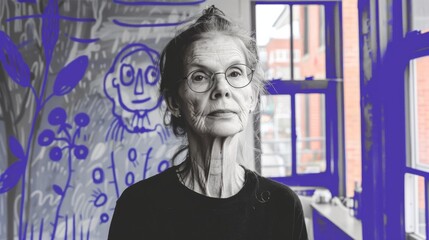 Black and white close-up of a senior woman in a black t-shirt and eyeglasses, with colorful illustrations in background.