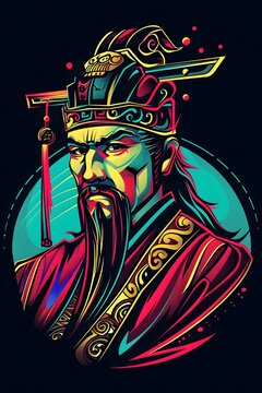 Regal Asian Warrior Leader in Vibrant Synthwave