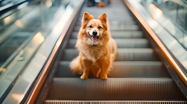 A dog walking down from an escalator