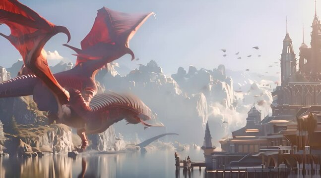 A dragon fly over a small victorian fantasy town 