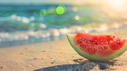 Fresh Watermelon, Placed on the Right with Blurred Clear Bokeh Beach in the Background