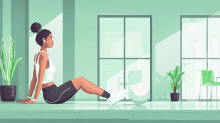 Fit young woman rests on gym floor near a medicine ball, depicted in a serene, stylized illustration with plants and large windows.