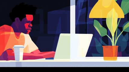 A stylized illustration of a young man working on a laptop in a cafe, with a coffee cup and plant beside him.