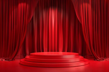 Classic product display podium against a red background, with dramatic red curtains to draw attention to the center