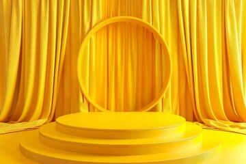 Bright yellow background with a central podium, framed by cheerful yellow curtains to spotlight featured products