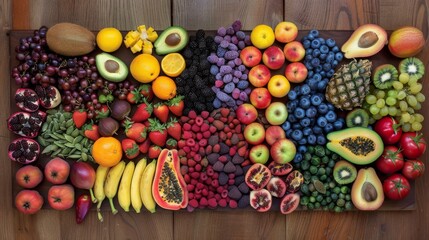 Colorful Array of Fresh Fruits, Nuts, and Seeds Arranged on an Oak Table