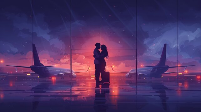 A silhouette of an African couple embracing at an airport, with planes and a vibrant sunset in the background.