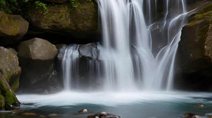 Obraz premium A crystal clear waterfall cascading down a rocky cliff, the water splashing against the rocks in a satisfying rhythm