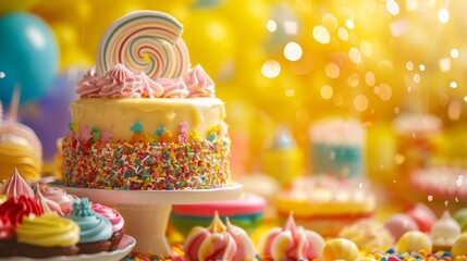 Delicious Colorful Cake Display with Bokeh Effect in a Yellow Background