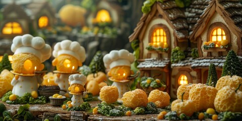 A storybook land where whimsical cartoon chefs cook healthy gourmet meals harvested from a fantasy edible ecosystem of singing fruits and vegetables