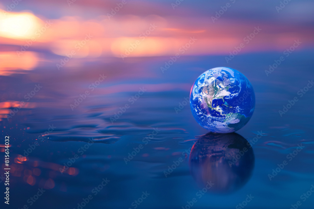 Poster small earth globe on calm reflective water with a colorful sunset in the background creating a seren
