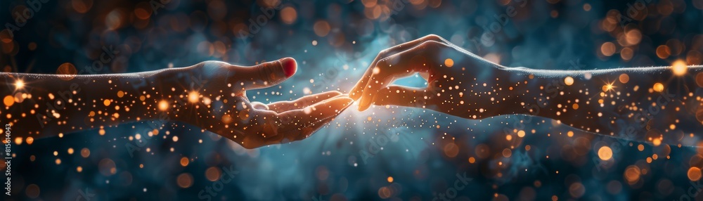 Poster the image shows two hands reaching out to each other with a bright light in the center of their palm
