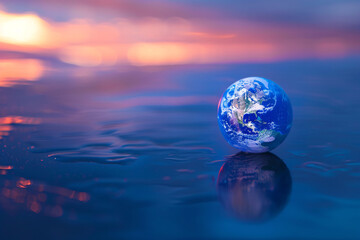 Small Earth globe on calm reflective water with a colorful sunset in the background creating a serene scene
