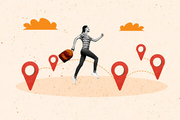 Composite photo collage of happy girl hold backpack tourist vacation gps icon map route summer travel tourist isolated on painted background